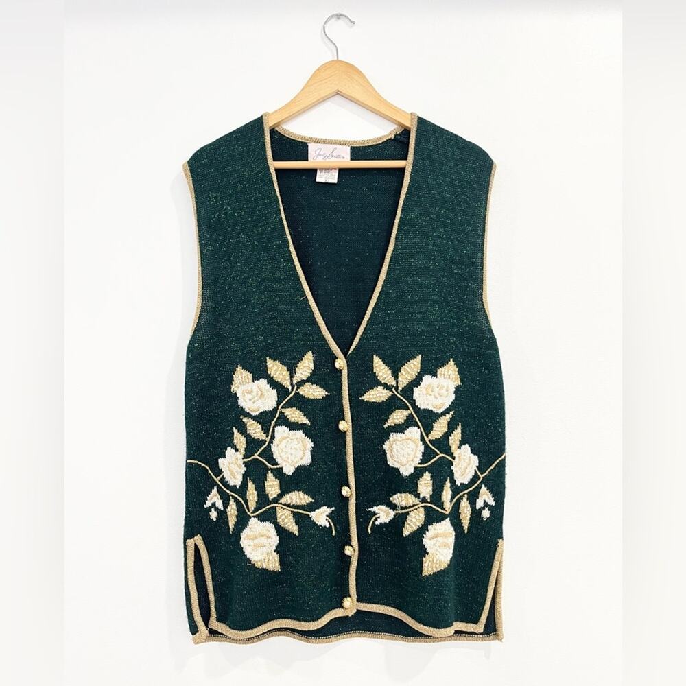 Jaclyn Smith VTG Green Metallic Sweater‎ Vest Gold Trim Beaded Size Large